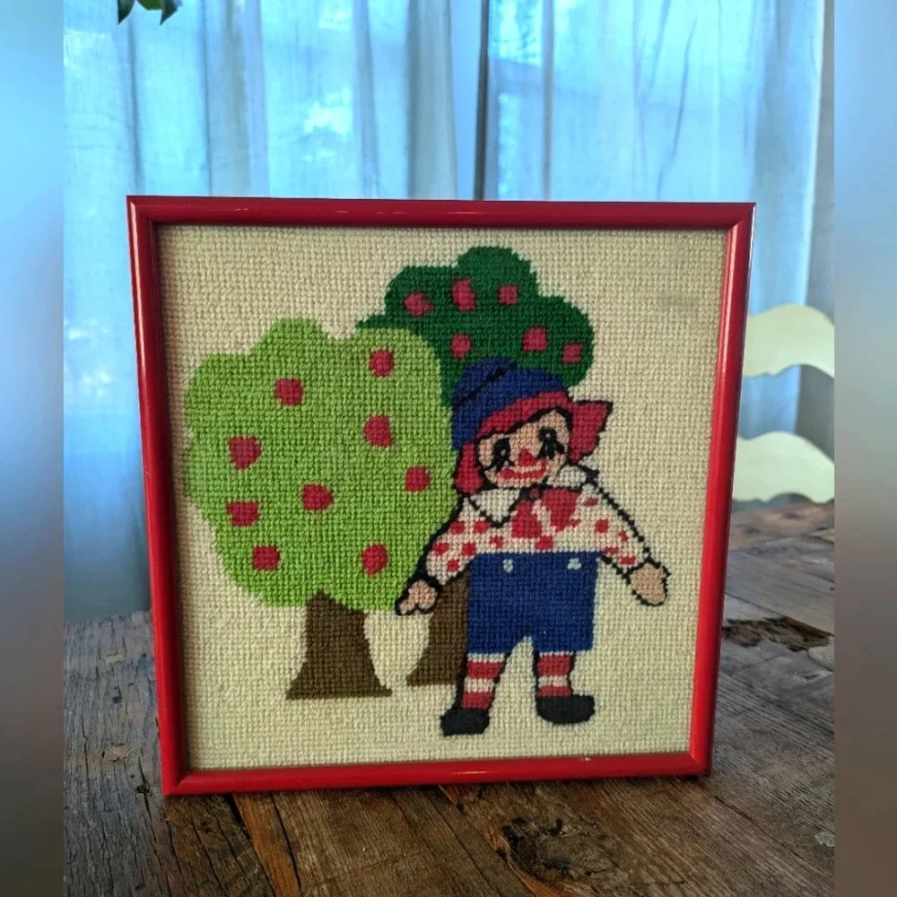 Raggedy Ann Needlepoint Wall Decor Art Mid Century‎ Primary Colors Vintage